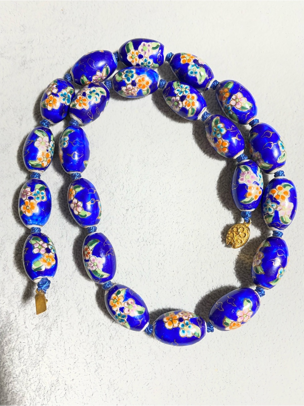 Vintage Chinese Porcelain Export Floral Oval Handpainted Beaded Necklace NOS 23”